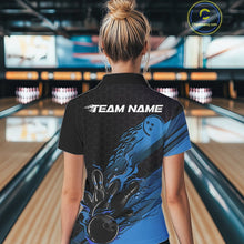 Load image into Gallery viewer, Custom Black And Blue Flame Bowling Team Shirts, Bowling League Shirt Women Jersey IPHW10575