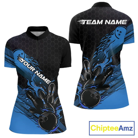 Custom Black And Blue Flame Bowling Team Shirts, Bowling League Shirt Women Jersey IPHW10575