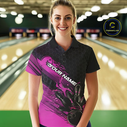 Custom Black And Pink Flame Bowling Team Shirts, Bowling League Shirt Women Bowling Jersey IPHW10576