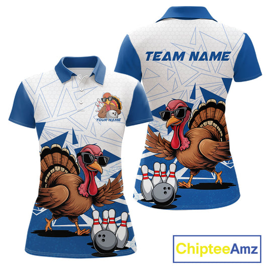 White And Blue Custom Funny Turkey Bowling Women Shirt, Bowling League Team Shirt IPHW10805