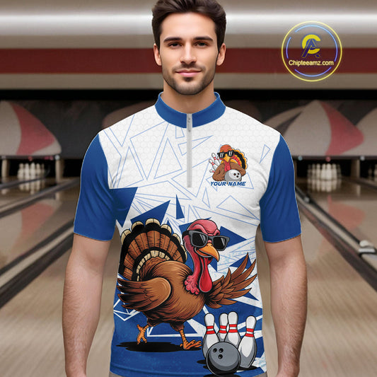 White And Blue Custom Funny Turkey Bowling Men Shirt, Bowling League Team Shirt IPHW10805
