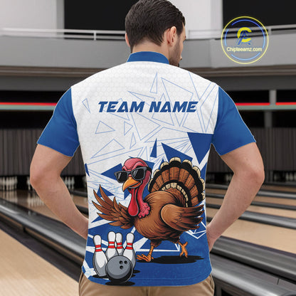 White And Blue Custom Funny Turkey Bowling Men Shirt, Bowling League Team Shirt IPHW10805