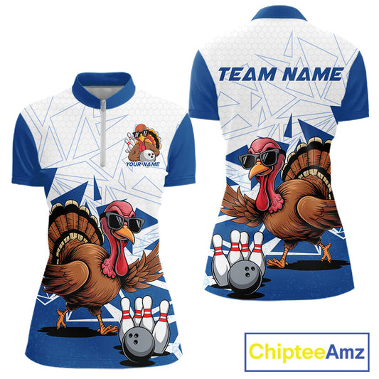 White And Blue Custom Funny Turkey Bowling Women Shirt, Bowling League Team Shirt IPHW10805