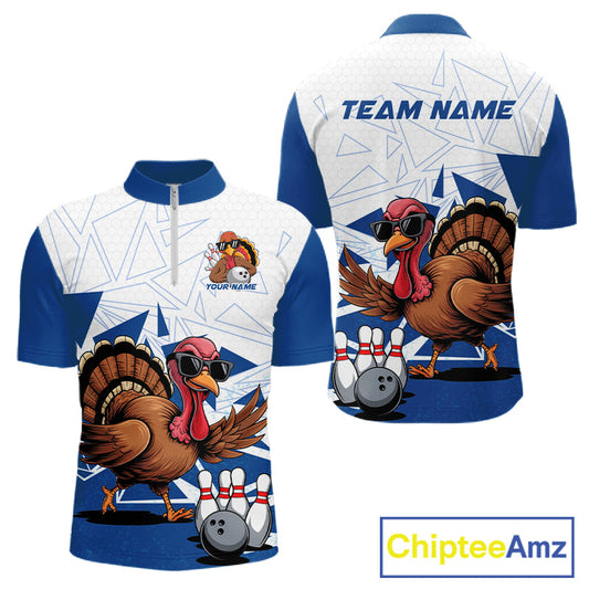 White And Blue Custom Funny Turkey Bowling Men Shirt, Bowling League Team Shirt IPHW10805