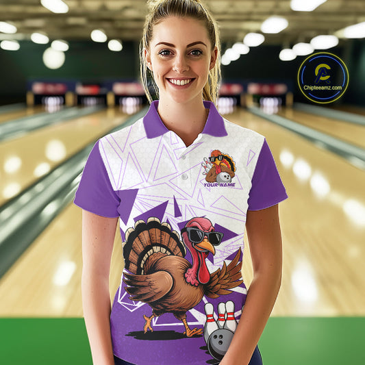 White And Purple Custom Funny Turkey Bowling Women Shirt, Bowling League Team Shirt IPHW10806