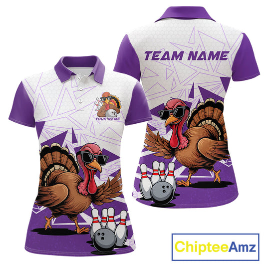 White And Purple Custom Funny Turkey Bowling Women Shirt, Bowling League Team Shirt IPHW10806