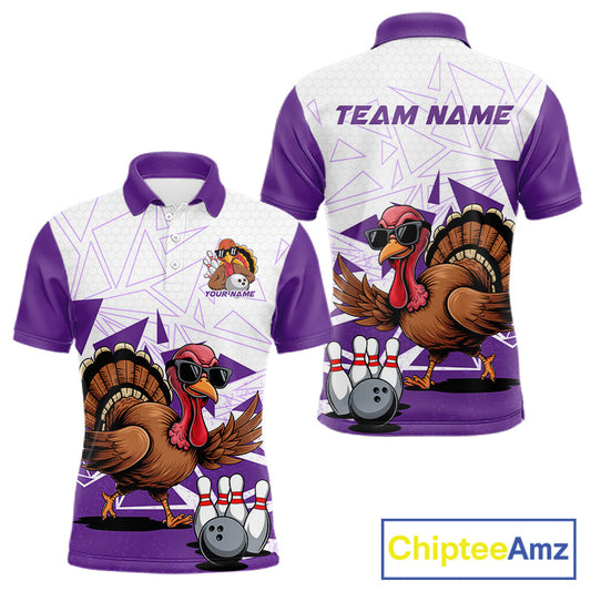 White And Purple Custom Funny Turkey Bowling Men Shirt, Bowling League Team Shirt IPHW10806