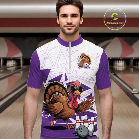 White And Purple Custom Funny Turkey Bowling Men Shirt, Bowling League Team Shirt IPHW10806