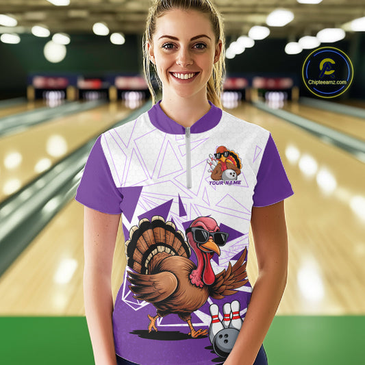 White And Purple Custom Funny Turkey Bowling Women Shirt, Bowling League Team Shirt IPHW10806