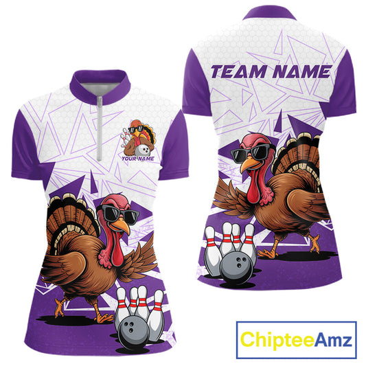 White And Purple Custom Funny Turkey Bowling Women Shirt, Bowling League Team Shirt IPHW10806