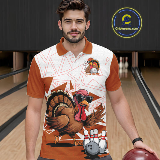 White And Orange Custom Funny Turkey Bowling Men Shirt, Bowling League Team Shirt IPHW10807