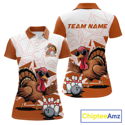 White And Orange Custom Funny Turkey Bowling Women Shirt, Bowling League Team Shirt IPHW10807