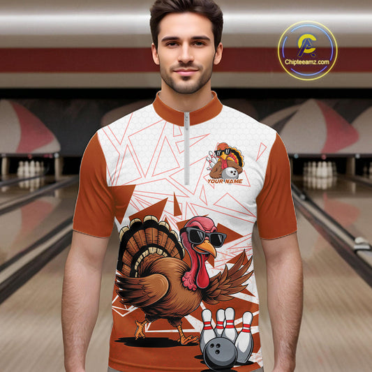 White And Orange Custom Funny Turkey Bowling Men Shirt, Bowling League Team Shirt IPHW10807