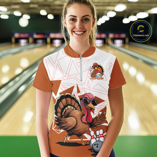 White And Orange Custom Funny Turkey Bowling Women Shirt, Bowling League Team Shirt IPHW10807