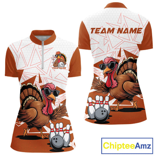 White And Orange Custom Funny Turkey Bowling Women Shirt, Bowling League Team Shirt IPHW10807