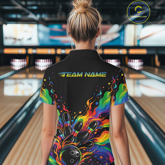Custom Colorful Rainbow Colors Flame Bowling Women Polo Shirt, Bowling Tournament Shirt IPHW10307