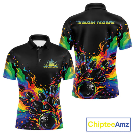 Custom Colorful Rainbow Colors Flame Bowling Men Polo Shirt, Bowling Tournament Shirt IPHW10307