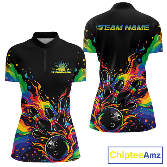 Custom Colorful Rainbow Colors Flame Bowling Women Shirt, Bowling Tournament Shirt IPHW10307