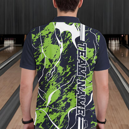 Custom Navy Blue And Green Camo Strike Bowling Shirt, Men Bowling League Team Jerseys IPHW10614