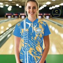 Load image into Gallery viewer, Custom Azure Blue And Yellow Camo Strike Bowling Shirt, Women Bowling League Team Jersey IPHW10615