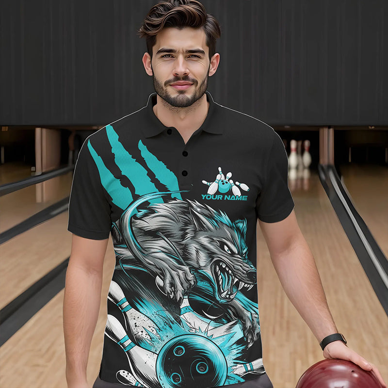 Custom Black And Blue Wolf Bowling Men Polo Shirts, Wolf Scratch Bowling Team League Shirt IPHW8720