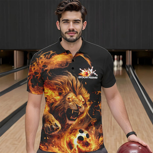 Custom Fire Flame Lion Bowling Team Men Polo Shirts, Lion Bowling League Shirt IPHW8976