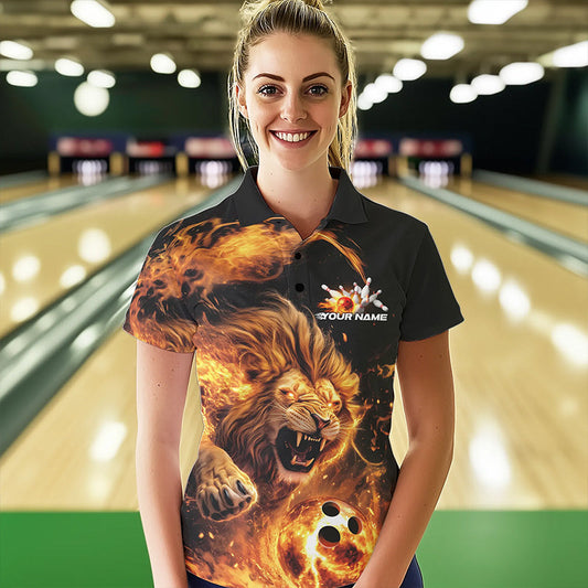 Custom Fire Flame Lion Bowling Team Women Polo Shirts, Lion Bowling League Shirt IPHW8976