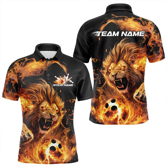 Custom Fire Flame Lion Bowling Team Men Polo Shirts, Lion Bowling League Shirt IPHW8976