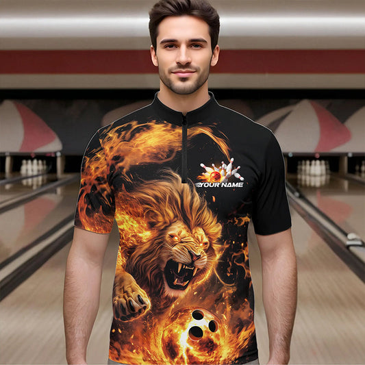 Custom Fire Flame Lion Bowling Team Men Quarter-Zip Shirts, Lion Bowling League Shirt IPHW8976