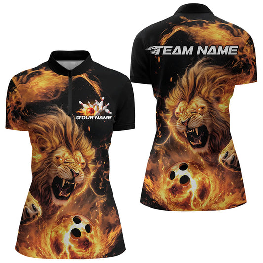 Custom Fire Flame Lion Bowling Team Women Quarter-Zip Shirts, Lion Bowling League Shirt IPHW8976