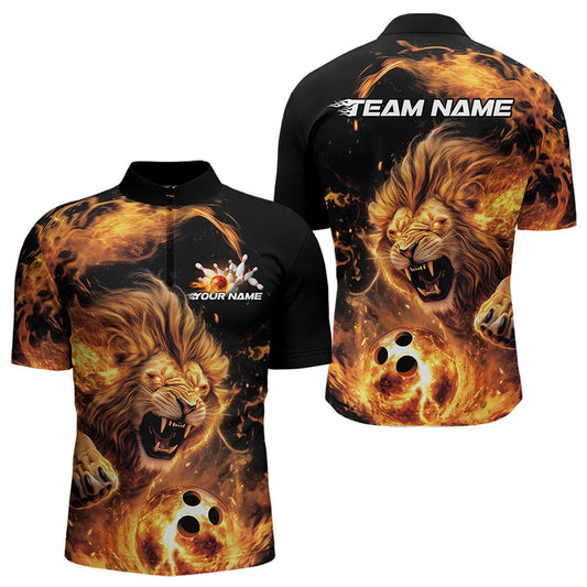 Custom Fire Flame Lion Bowling Team Men Quarter-Zip Shirts, Lion Bowling League Shirt IPHW8976
