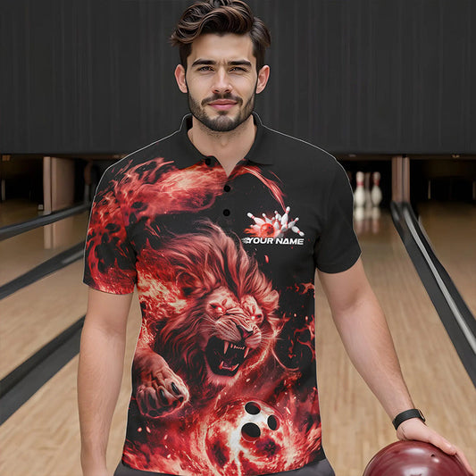 Custom Red Flame Lion Bowling Team Men Polo Shirts, Lion Bowling League Shirt IPHW8977