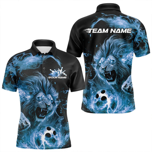 Custom Blue Flame Lion Bowling Team Men Polo Shirts, Lion Bowling League Shirt IPHW8978