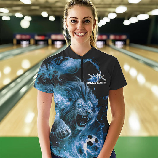Custom Blue Flame Lion Bowling Team Women Quarter-Zip Shirts, Lion Bowling League Shirt IPHW8978