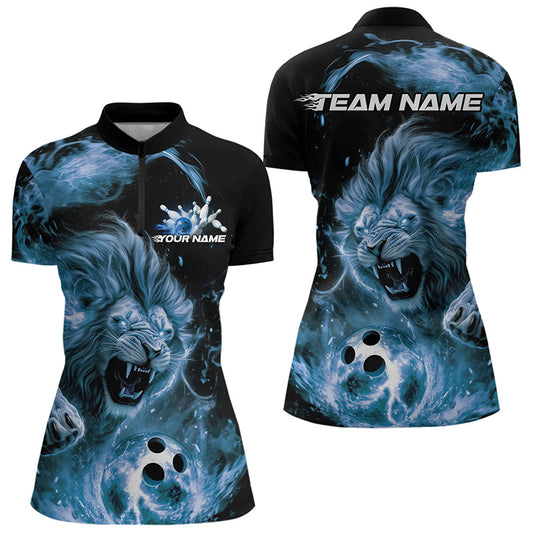 Custom Blue Flame Lion Bowling Team Women Quarter-Zip Shirts, Lion Bowling League Shirt IPHW8978
