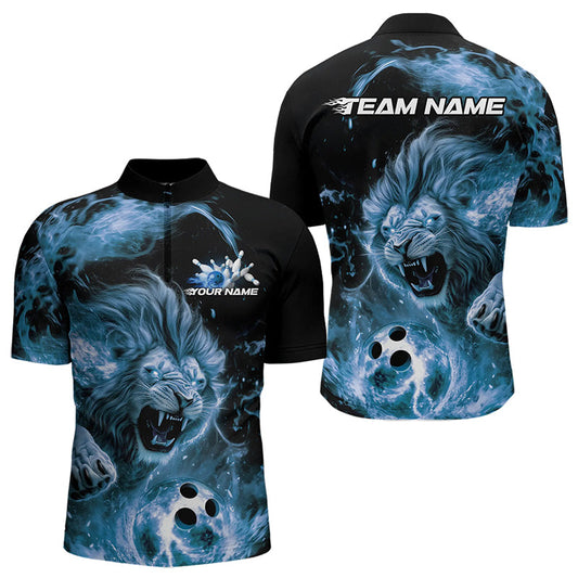 Custom Blue Flame Lion Bowling Team Men Quarter-Zip Shirts, Lion Bowling League Shirt IPHW8978