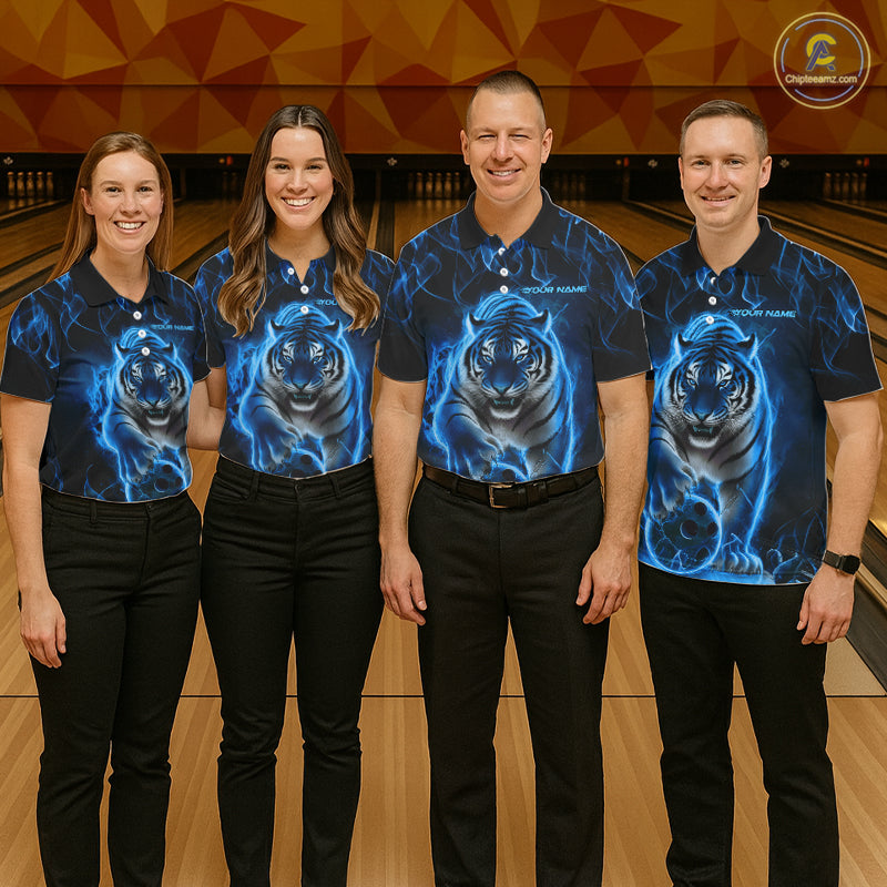 Custom Black And Blue Flame Tiger Bowling Team Polo Shirts For Men, Fire Bowling Jerseys IPHW8263