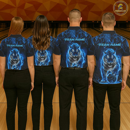 Custom Black And Blue Flame Tiger Bowling Team Polo Shirts For Men, Fire Bowling Jerseys IPHW8263