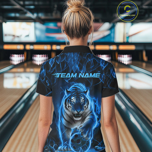 Custom Black And Blue Flame Tiger Bowling Women Quarter-Zip Shirts, Fire Bowling Jerseys IPHW8263