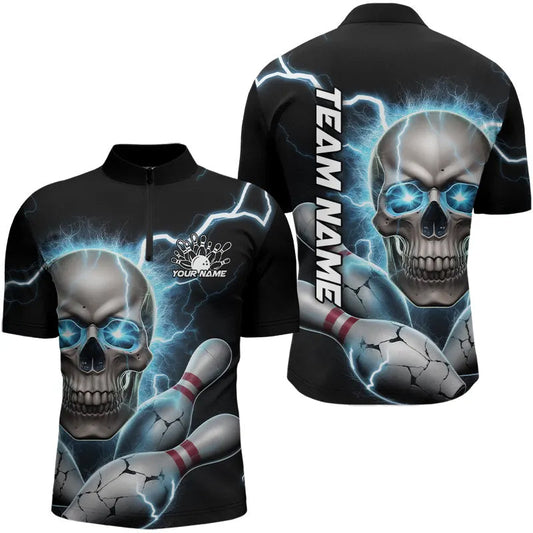 Custom Blue Thunder Lightning Skull Bowling Quarter-Zip Shirts For Men, Skull Bowling Jerseys IPHW8273