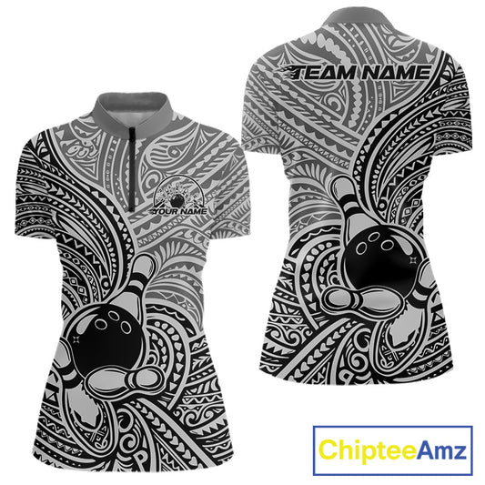 Custom Black And Gray Traditional Samoan Tribal Polynesian Pattern Bowling Women Shirt IPHW10324