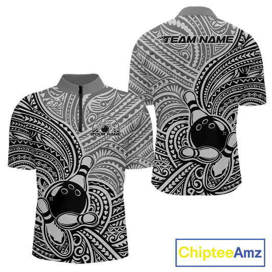Custom Black And Gray Traditional Samoan Tribal Polynesian Pattern Bowling Men Shirt IPHW10324