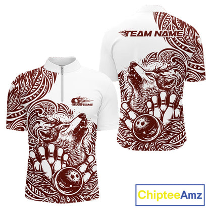 Custom Burgundy Tribal Pattern Maori Style Wolf Bowling Team Men Quarter-Zip Shirts IPHW10332