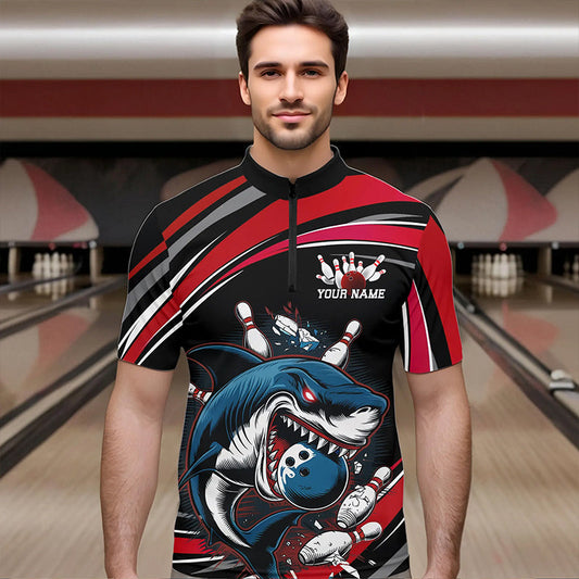 Black And Red Custom Shark Bowling Team Quarter-Zip Shirts For Men, Shark Bowling League Shirt IPHW8726