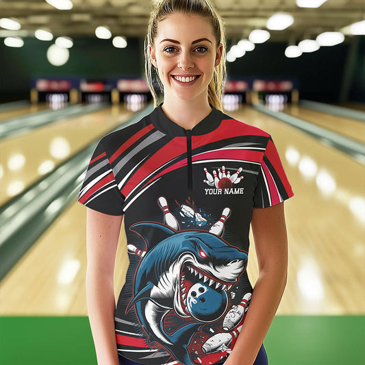 Black And Red Custom Shark Bowling Team Women Quarter-Zip Shirt, Shark Bowling League Shirt IPHW8726