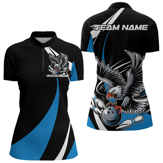 Custom Black And Blue Eagle Bowling Women Quarter-Zip Shirts, Eagle Bowling Team Jerseys IPHW8733