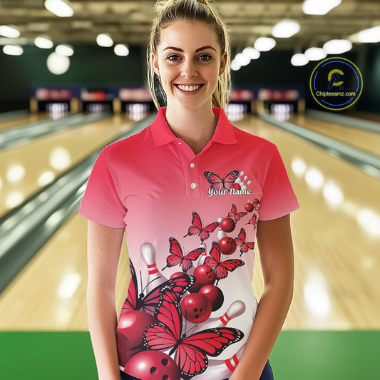 Custom Red Gradient Butterfly Bowling Women Polo Shirts For Team, Bowling League Shirt IPHW10824