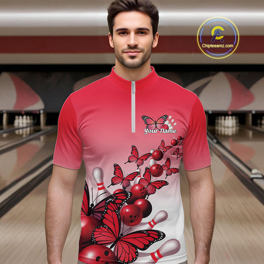 Custom Red Gradient Butterfly Bowling Men Quarter-Zip Shirts For Team, Bowling League Shirt IPHW10824