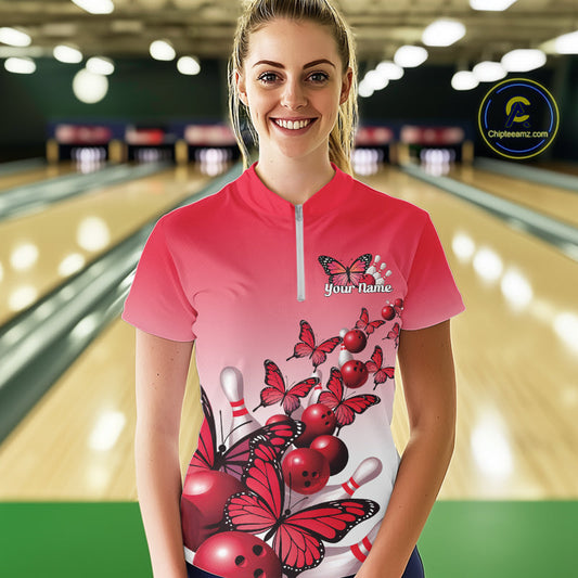 Custom Red Gradient Butterfly Bowling Women Quarter-Zip Shirts, Bowling League Shirt IPHW10824