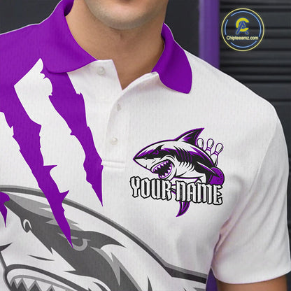 Custom White And Purple Shark Jerseys, Shark Bowling Team Men Polo Shirts Bowlers Outfit IPHW8988